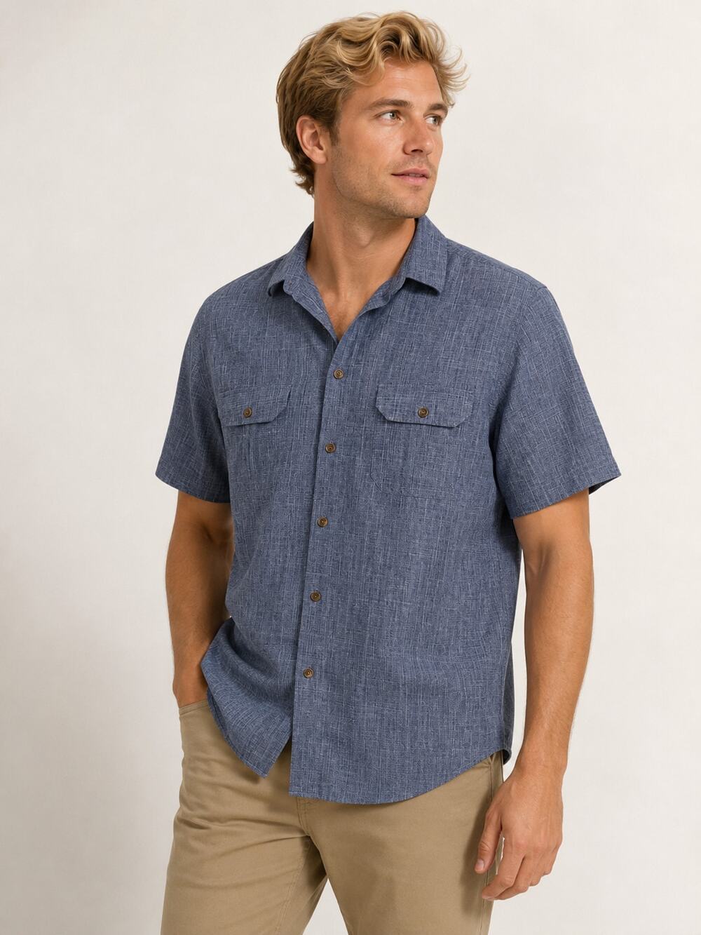 LR3153 Haggar Clothing Mens Large Blue Short Sleeve Button Front Shirt